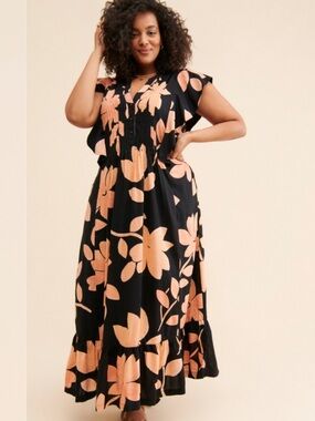 Anthropologie Maeve Floral Flounce Maxi Dress Flutter Sleeve Size 1X